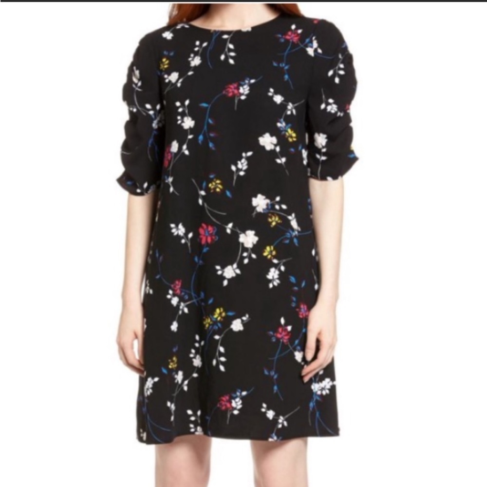 Halogen Floral Ruched Sleeves Shift Floral Dress Size: S
